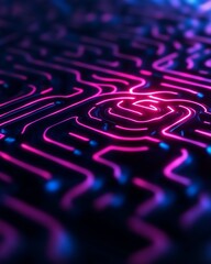 Abstract glowing circuit board pattern with pink and blue light.