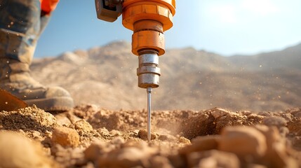 Close up view of drill bit cutting through diverse rock layers in remote terrain in search of groundwater