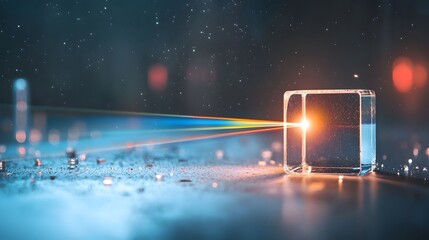 Wall Mural - close up view of laser beam passing through crystal prisms creating vivid spectrum on lab table