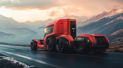 A futuristic red semi-trailer truck driving on a highway through a mountain pass, with a dramatic sunset in the background.