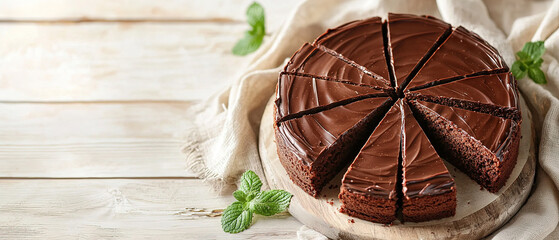 Sliced tasty chocolate cake on light wooden table background, copy space for text