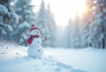 Canvas Print - A panoramic view of a snowman taking a stroll in winter scenery with copy space