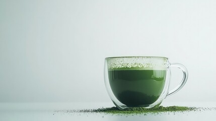 A cup of hot matcha tea in a glass mug, set on a pure white background, ideal for wellness visuals