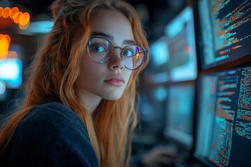  AI cyber security concept. Diverse IT specialist team analyzing artificial intelligence online risk threats to consumer data & privacy. Software developers coding & ethical hacking in dark office 