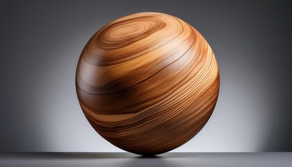 Minimalist Wooden Sphere Displaying Natural Grain Patterns on a Smooth Wooden Surface with Subtle Lighting in a Studio Setting