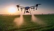 © TransPicHub - A drone spraying crops in the field at sunset, showcasing modern agricultural technology and precision farming practices.