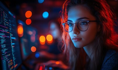  AI cyber security concept. Diverse IT specialist team analyzing artificial intelligence online risk threats to consumer data & privacy. Software developers coding & ethical hacking in dark office 