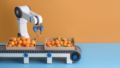 Wall Mural - An automated robotic arm sorting fresh oranges on a conveyor belt in a vibrant warehouse environment.