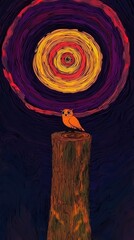 Canvas Print - Owl on a Tree Stump Under a Spiral Sky