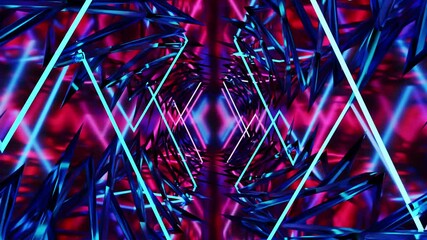 Wall Mural - Abstract background 3D animation moving through shiny glass metal and neon lights tunnel, loop