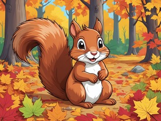 cartoon style of Adorable cartoon squirrel sitting among colorful autumn leaves in a playful forest setting. Perfect for children's illustrations and autumn-themed designs.