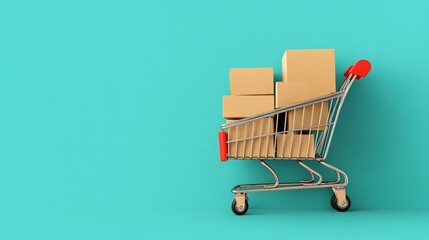 Minimalist image of a shopping cart loaded with cardboard boxes against a turquoise background, emphasizing retail and shopping themes