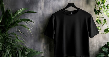 Wall Mural - A black t-shirt hangs on a hanger against a concrete wall with green plants on either side.