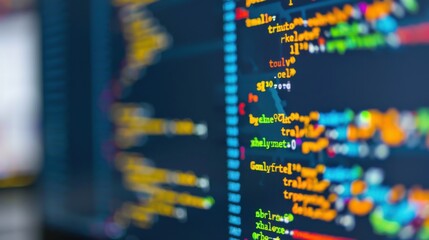 Close - up of colorful computer code on a monitor, with a blurred background, depicting the concept of programming