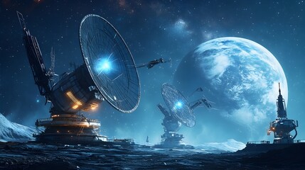 Poster - Futuristic Space Communication Technology Transmitting Radio Signals to Distant Planets