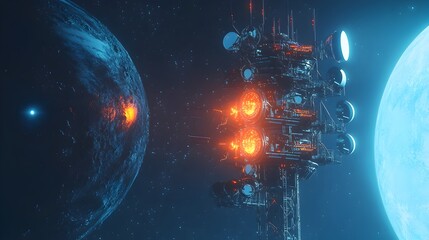 Poster - Futuristic Space Station like Signal Tower with Advanced Antennas Broadcasting into the Cosmos