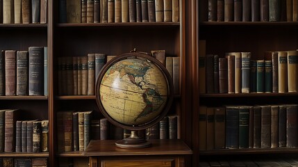 Vintage Globe on a Bookshelf in a Library