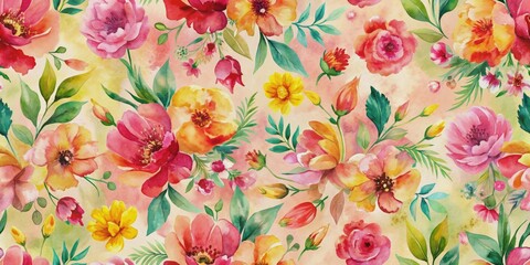 Wall Mural - Seamless watercolor floral pattern in pink, red, yellow, orange, and green, all-over abstract botanical print , watercolor, floral