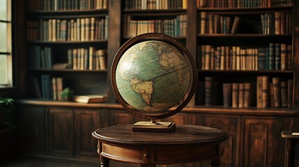 Wall Mural - Vintage Globe on a Wooden Table in a Classic Library