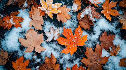 top view of a group of fallen maple leaves on ground in early winter, covered in snow