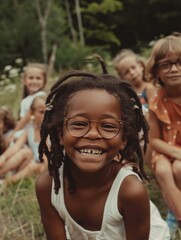 Canvas Print - A girl with dreadlocks smiles brightly at the camera. AI.