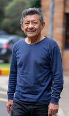 Wall Mural - A man in a blue shirt smiles for the camera. AI.