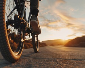 Sticker - A person riding a bike down the road at sunset. AI.