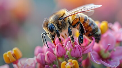 An closeup shot of a bee pollinating a colorful flower. AI generate illustration