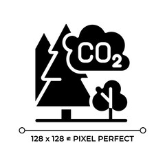 Poster - Forest carbon black glyph icon. CO2. Carbon dioxide. Climate change. Environmental impact. Carbon absorption in forest. Silhouette symbol on white space. Solid pictogram. Vector isolated illustration