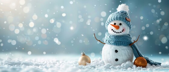 Wall Mural - Snowman wearing a blue hat and scarf with two golden ornaments. AI.