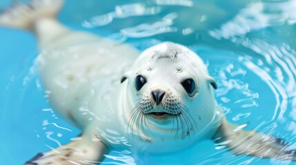 A cute seal pup swimming in blue water. AI.