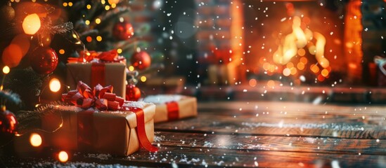 Poster - Christmas presents under a decorated Christmas tree with a fireplace in the background. AI.