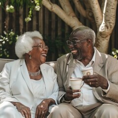 Sticker - Elderly couple laughing and enjoying each other's company. AI.