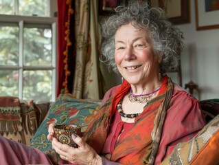 Canvas Print - Portrait of a smiling elderly woman with gray curly hair, wearing a red shirt and scarf, sitting on a couch and holding a cup. AI.