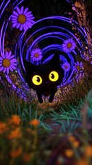 Black Cat In Purple Swirling Lights