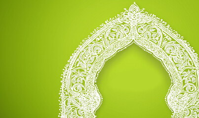 A white lace pattern on a bright green background