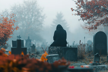 Wall Mural - peaceful solitude in cemetery on all souls' day with gentle mist