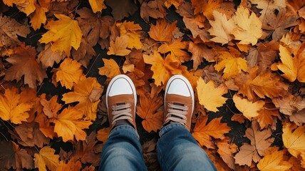 Overhead view of parent and child s feet walking on fallen autumn leaves, vibrant colors, nature walk, seasonal bonding, parent, child, feet, walking