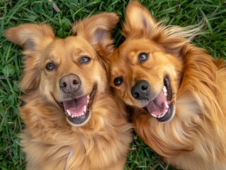 Poster - Two dogs lying on their backs and smiling. AI.