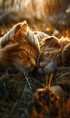 Poster - Two cats cuddling in the grass. AI.