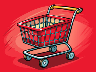 cartoon vector illustration of funny empty shopping cart with handle, isolated background