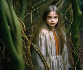 Poster - A young girl in a dress standing among some trees. AI.