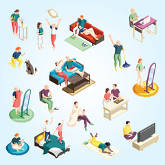 Wall Mural - People during various activity at home on weekend set of isometric icons isolated