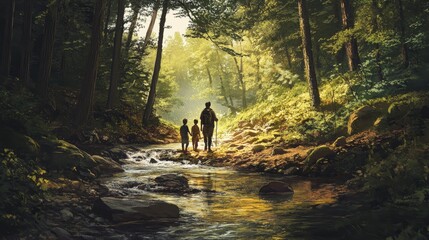 Family enjoys a scenic hike along a babbling stream amidst the tranquility of the forest.