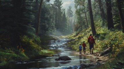 Family enjoys a scenic hike along a babbling stream amidst the tranquility of the forest.