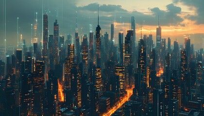 Futuristic skyline of a vibrant digital city illuminated by neon lights