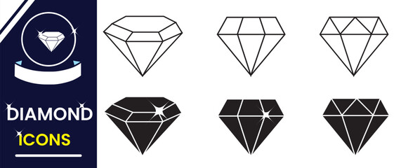 Set of diamond icon, vector, illustration. Diamond, Gemstone icon set. Dimond icon set. Diamond, gems  Outline vector icon design.  Vector illustration.
