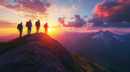 hikers of all backgrounds stand on a mountain summit, gazing at the sunset's vibrant hues.