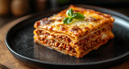 Wall Mural - “Delicious Lasagna Served on a Black Plate Set Against a Dark Wooden Table, Highlighting Rich Layers of Pasta, Sauce, and Cheese in an Elegant and Cozy Dining Setting”
