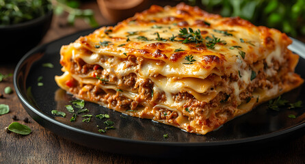 Wall Mural - “Delicious Lasagna Served on a Black Plate Set Against a Dark Wooden Table, Highlighting Rich Layers of Pasta, Sauce, and Cheese in an Elegant and Cozy Dining Setting”
